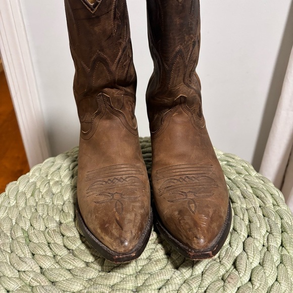 Dan Post Rustic Matte Brown Leather Scalloped Hem Snip Toe Pull On Cowgirl Boots - Picture 6 of 11